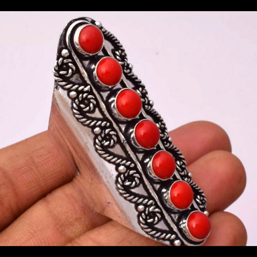 New 7 Stone Coral Adjustable Silver Statement Ring.